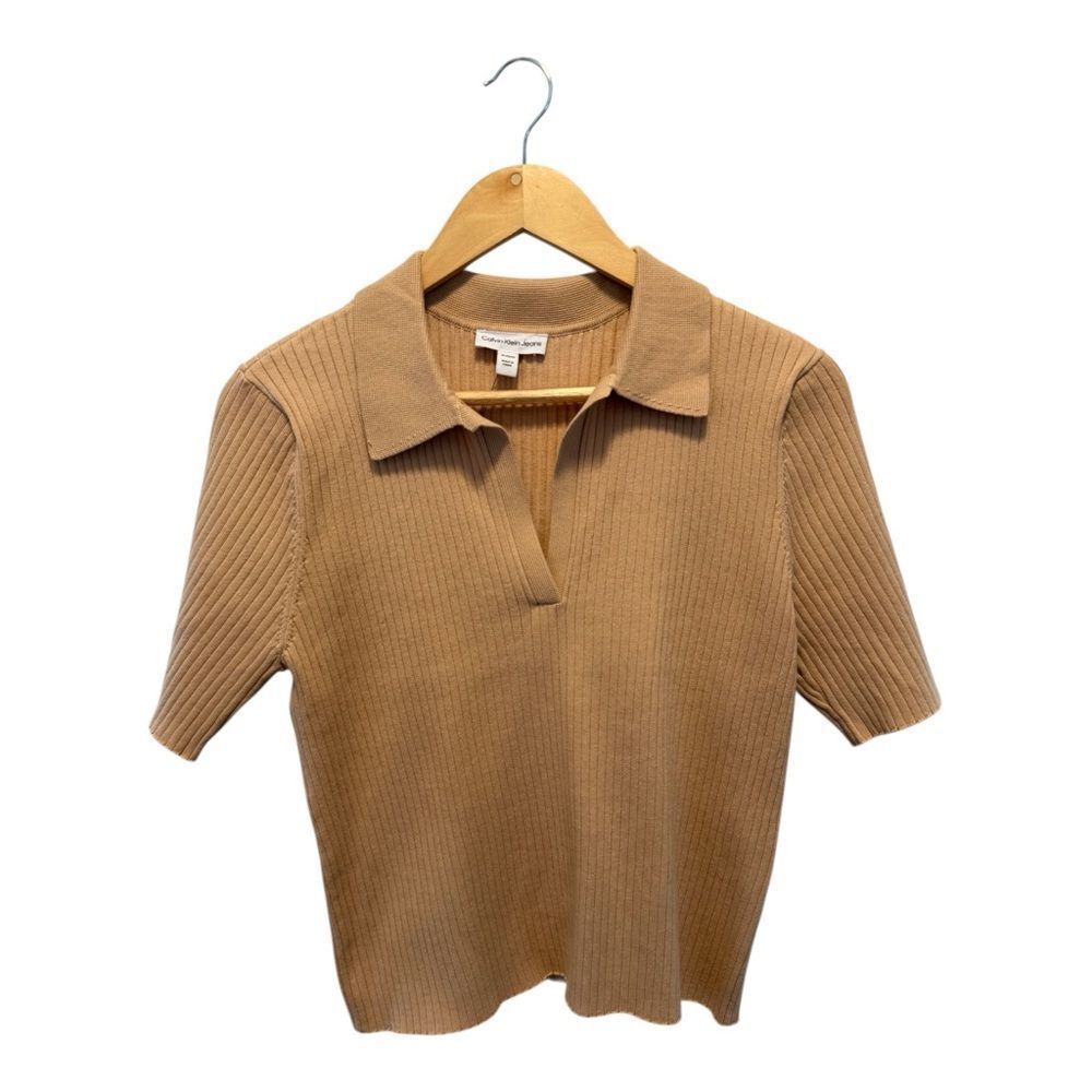 Calvin Klein Women’s XL Ribbed Polo Short-Sleeve Tan Top